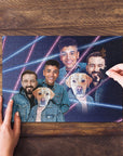 Personalized 1980s Lazer Portrait puzzle featuring two men and two dogs in denim jackets.