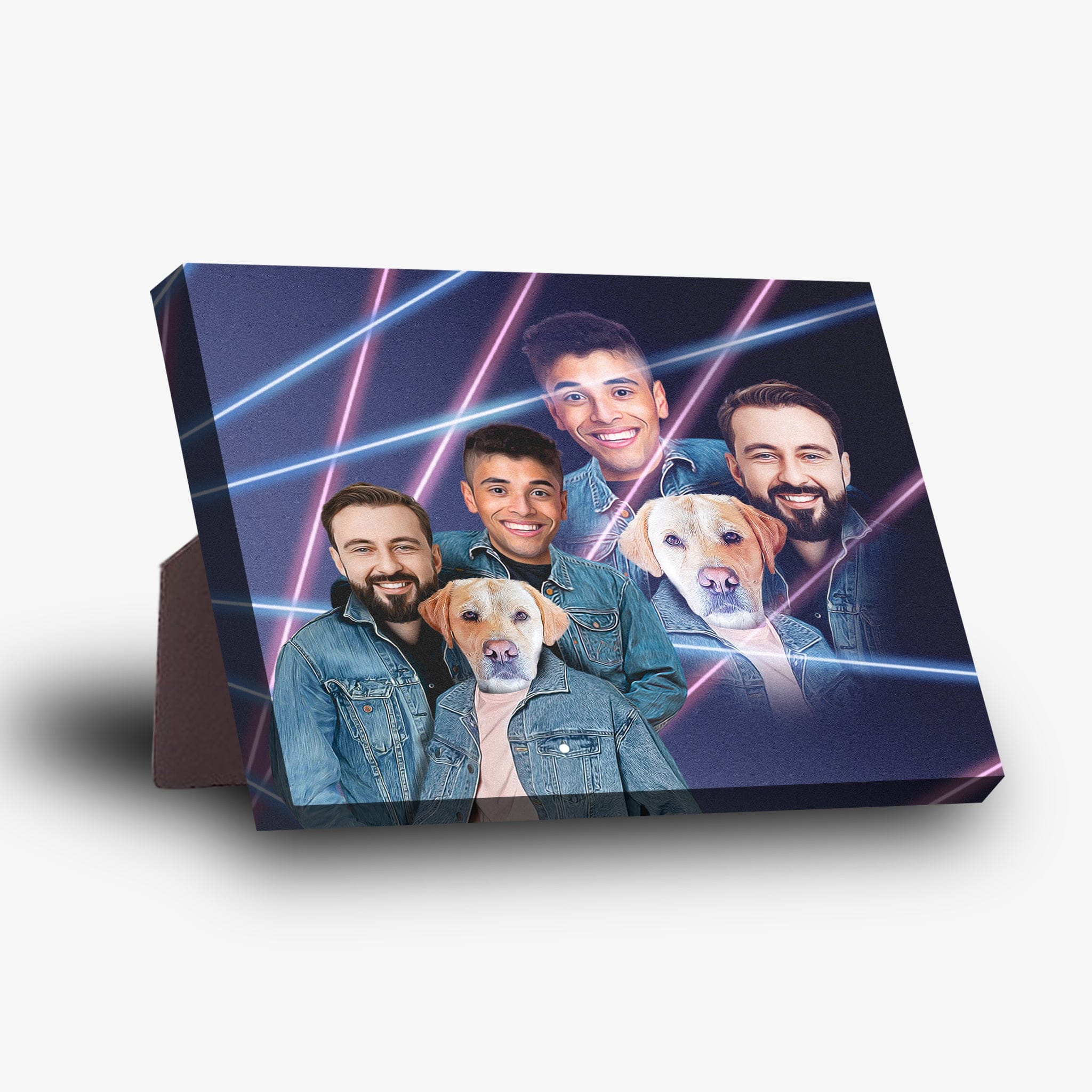 1980s Lazer Portrait standing canvas featuring three males and two yellow lab pets in denim jackets.