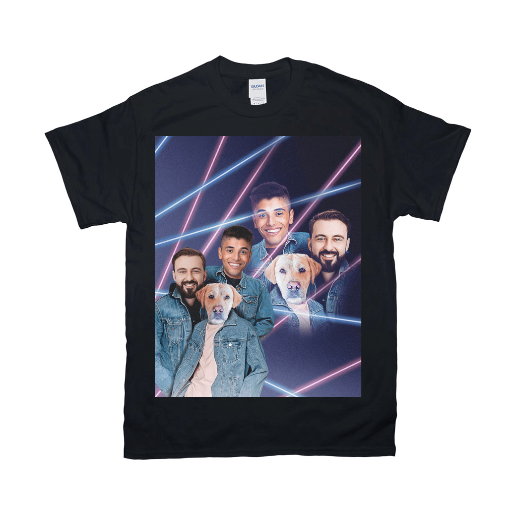 Black Gildan t-shirt with a custom 80s lazer portrait of three men and two dogs in denim jackets.