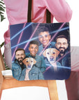 Personalized 1980s Lazer Portrait tote bag with custom male and pet dog portraits.