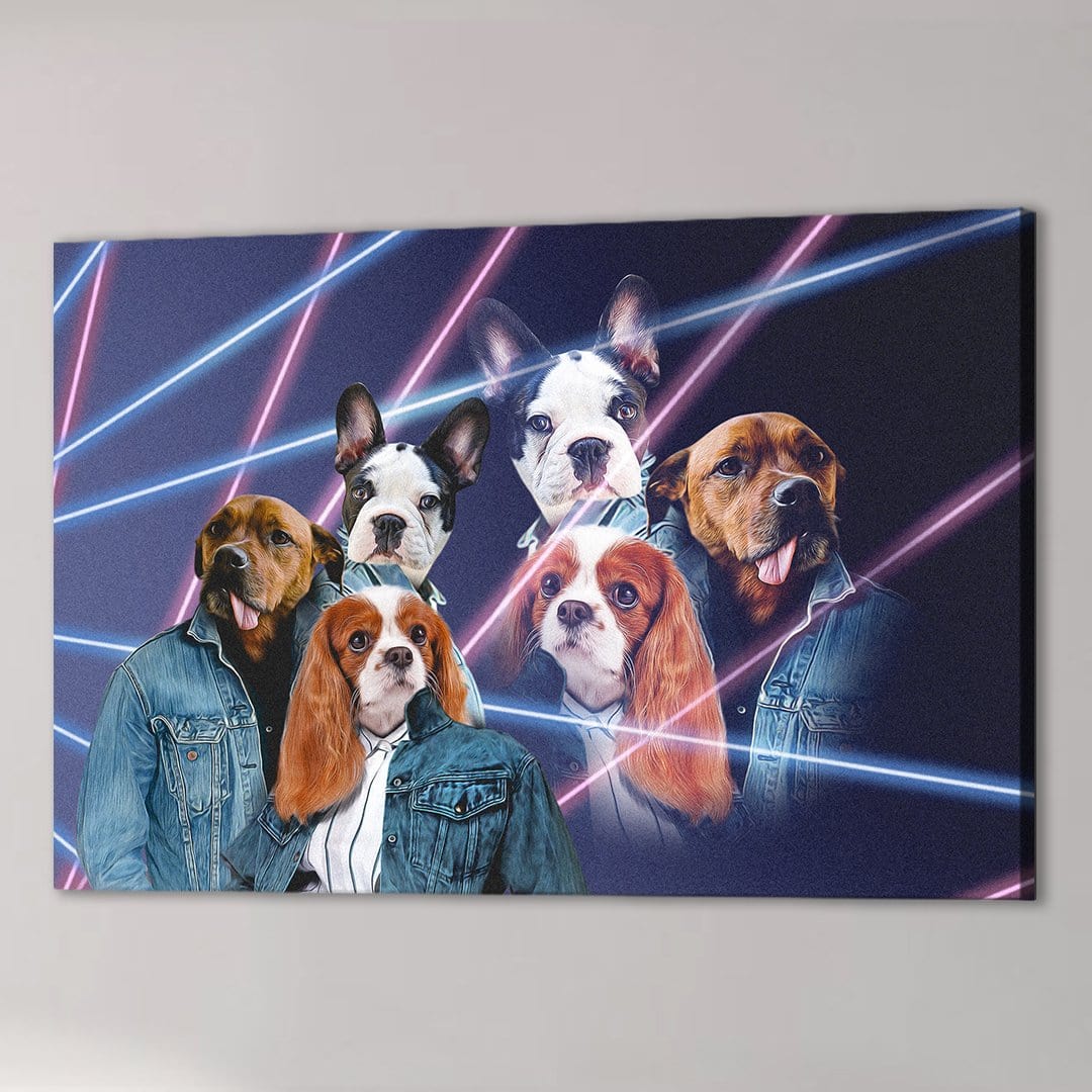 Five dogs in denim jackets on a dark canvas with pink and blue neon laser lines.
