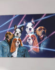 Five dogs in denim jackets on a dark canvas with pink and blue neon laser lines.