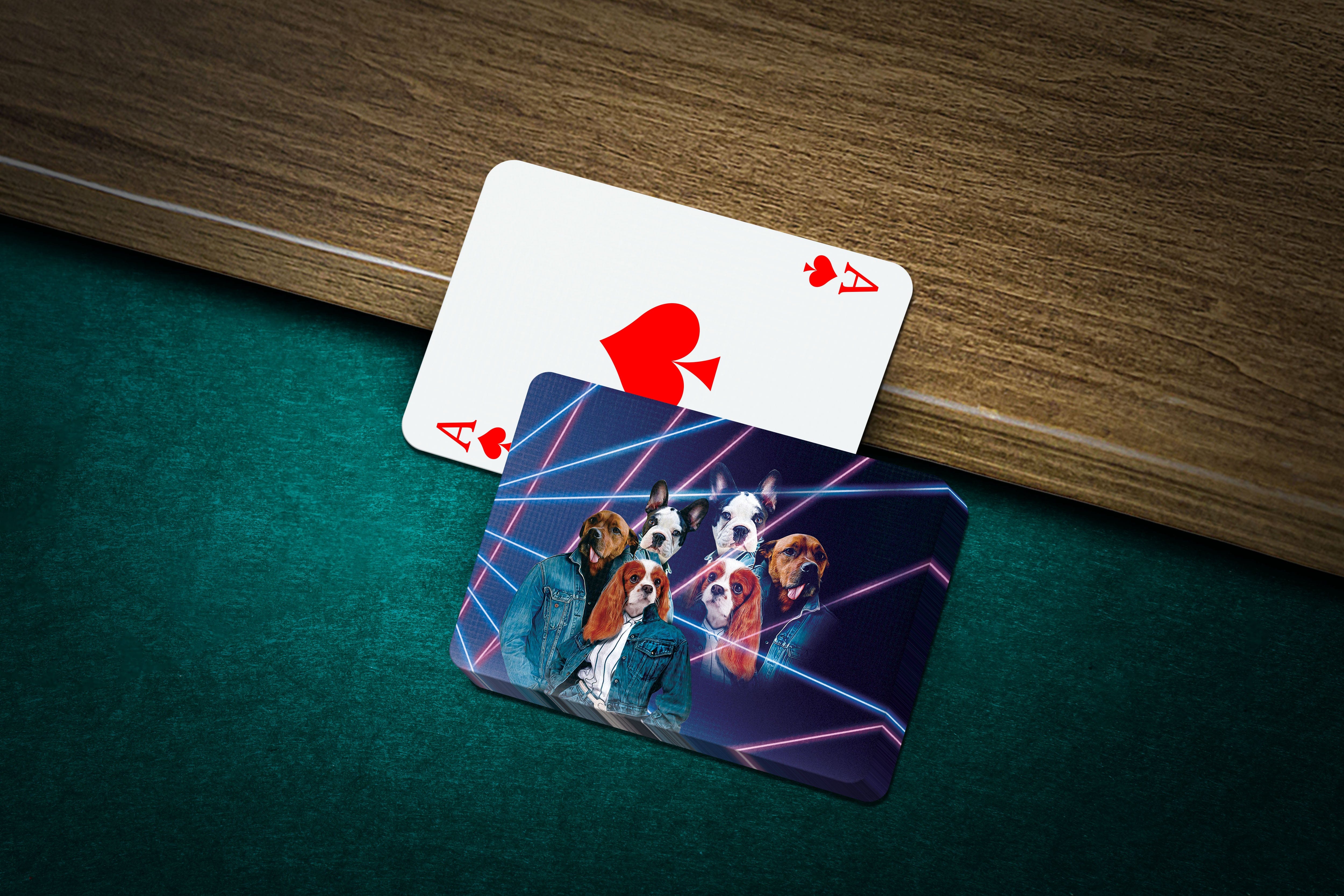 Custom '1980s Lazer Portrait' playing cards featuring six personalized pet portraits on a green felt table.