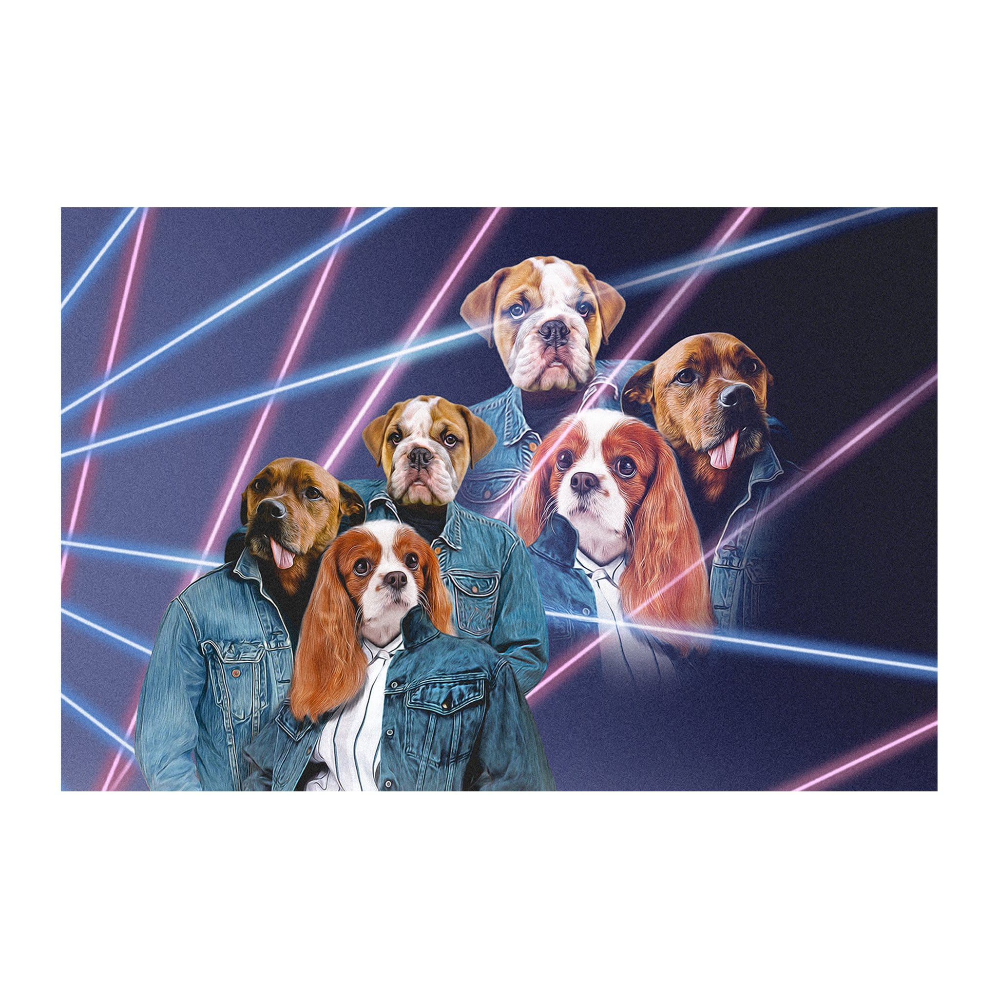 Personalized 3-pet digital portrait with dogs in 80s lazer style denim jackets.