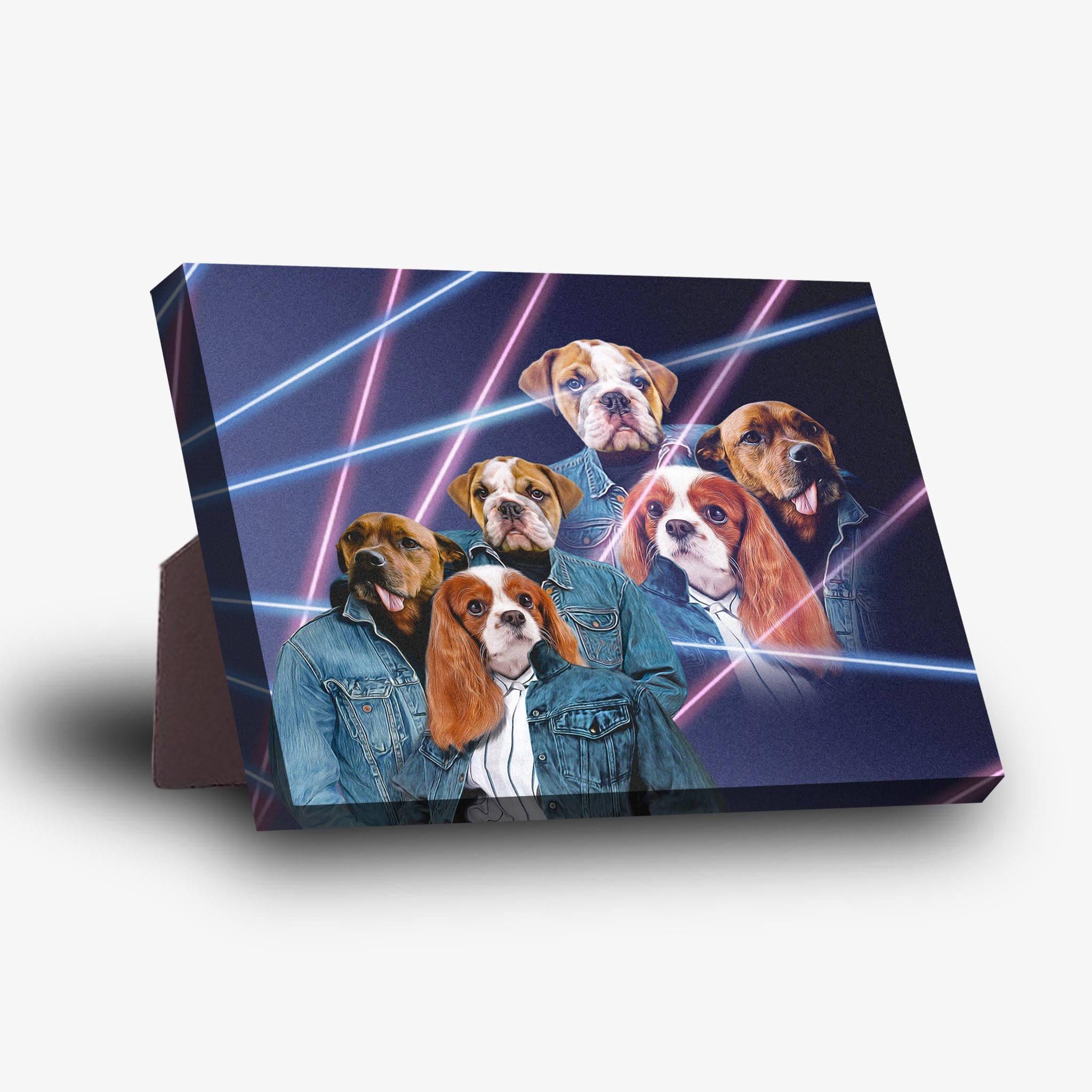 Personalized standing canvas featuring three pets in 1980s lazer portrait style with denim jackets.