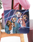 Personalized 3 pet tote bag with 1980s laser portrait of dogs in denim jackets.