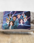 Personalized 1980s Lazer Portrait blanket featuring two humans and two dogs in denim jackets.