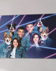 Personalized 1980s Lazer Portrait canvas featuring two humans and two dogs in denim jackets with neon lines.