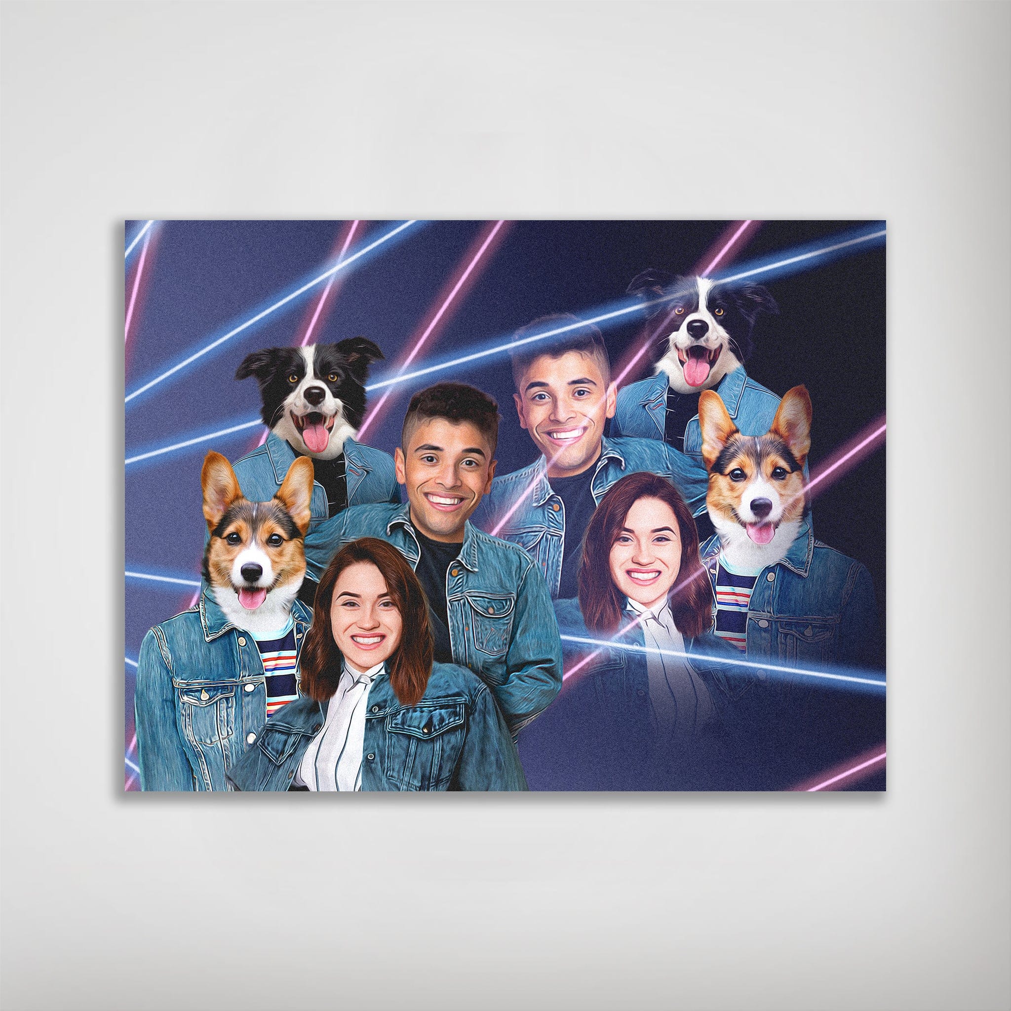 Personalized 1980s Lazer Portrait poster featuring two humans and four pets in denim jackets with neon stripes.