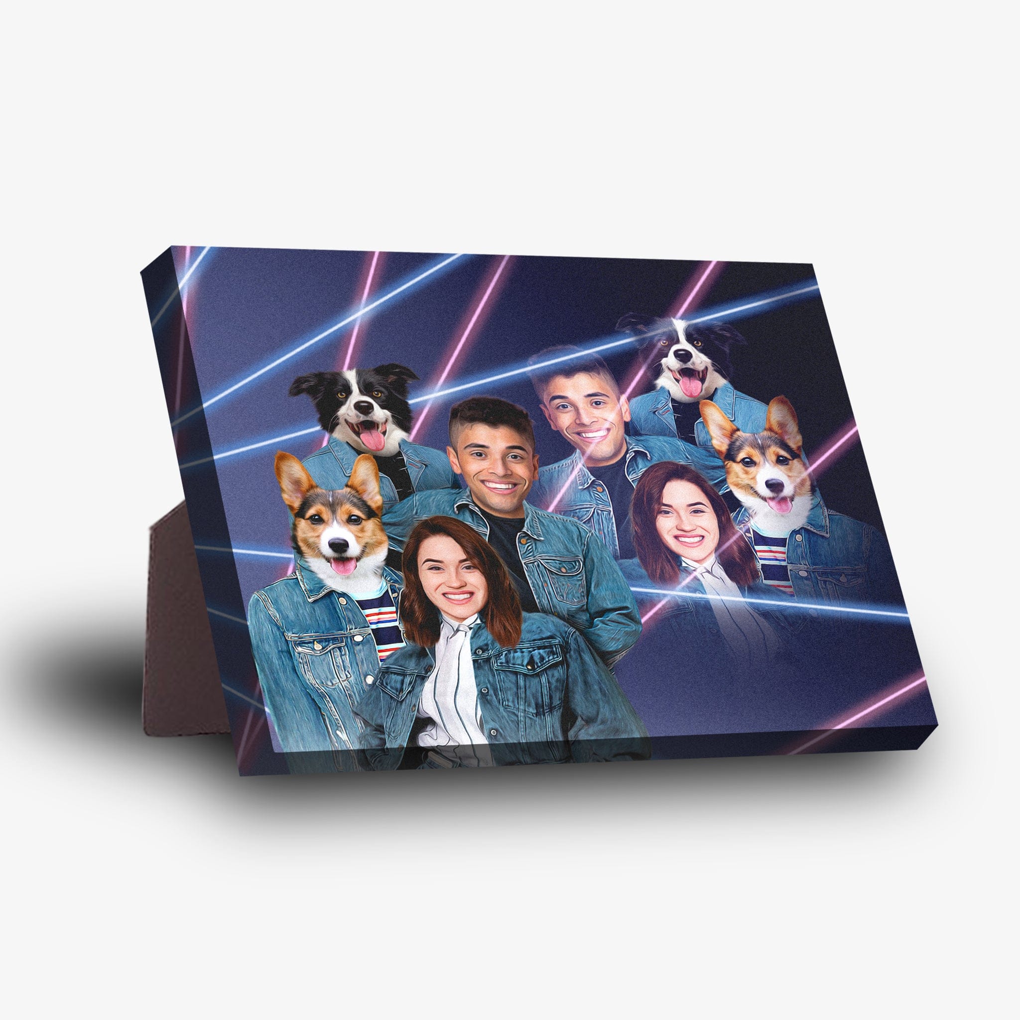 Personalized 1980s Lazer Portrait standing canvas featuring two humans and two pets in denim jackets.