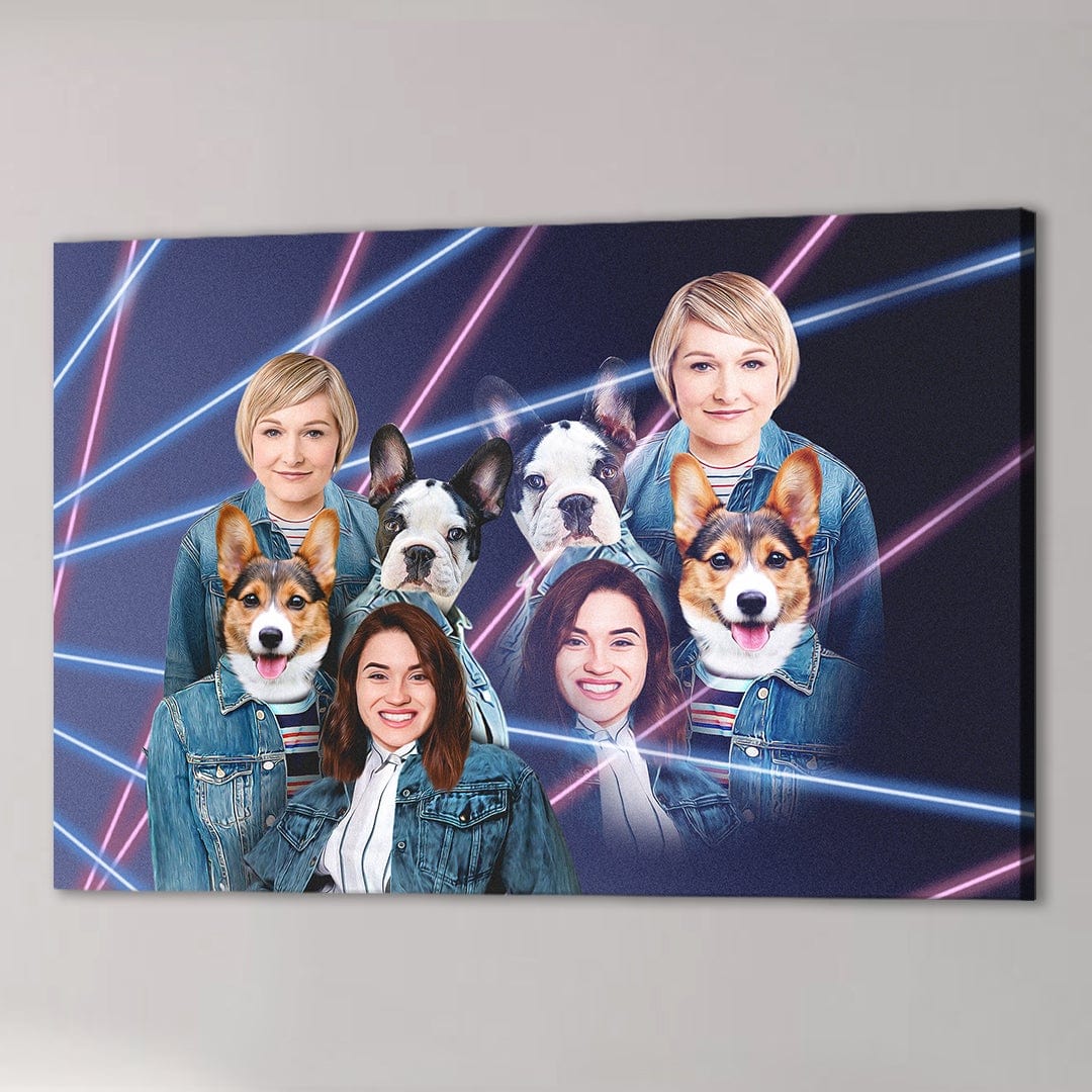 Personalized 1980s Lazer Portrait canvas featuring two women, two corgis, and two French bulldogs with neon lines.