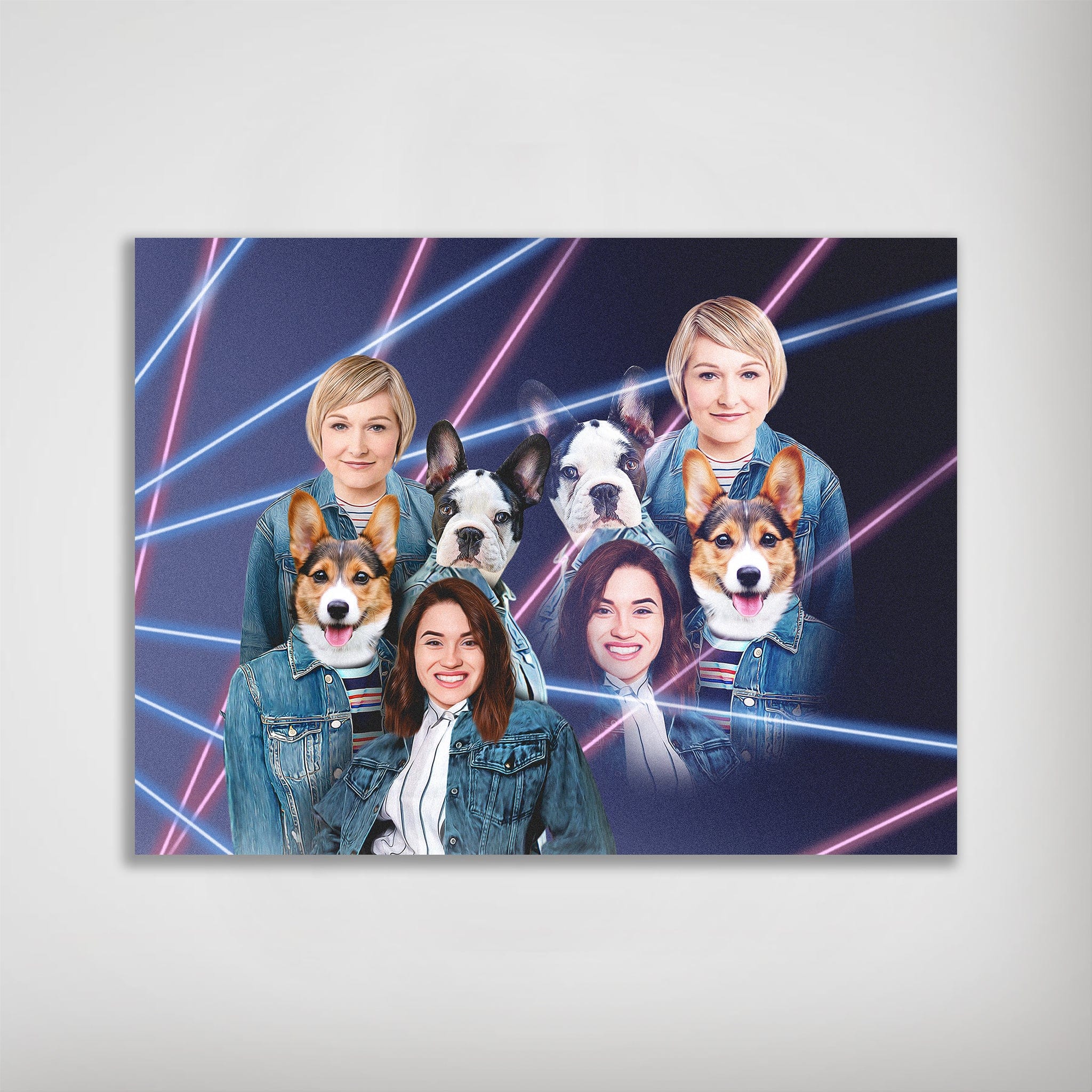 Personalized 1980s Lazer Portrait poster featuring two women and two dogs in denim jackets with neon pink and blue lines.