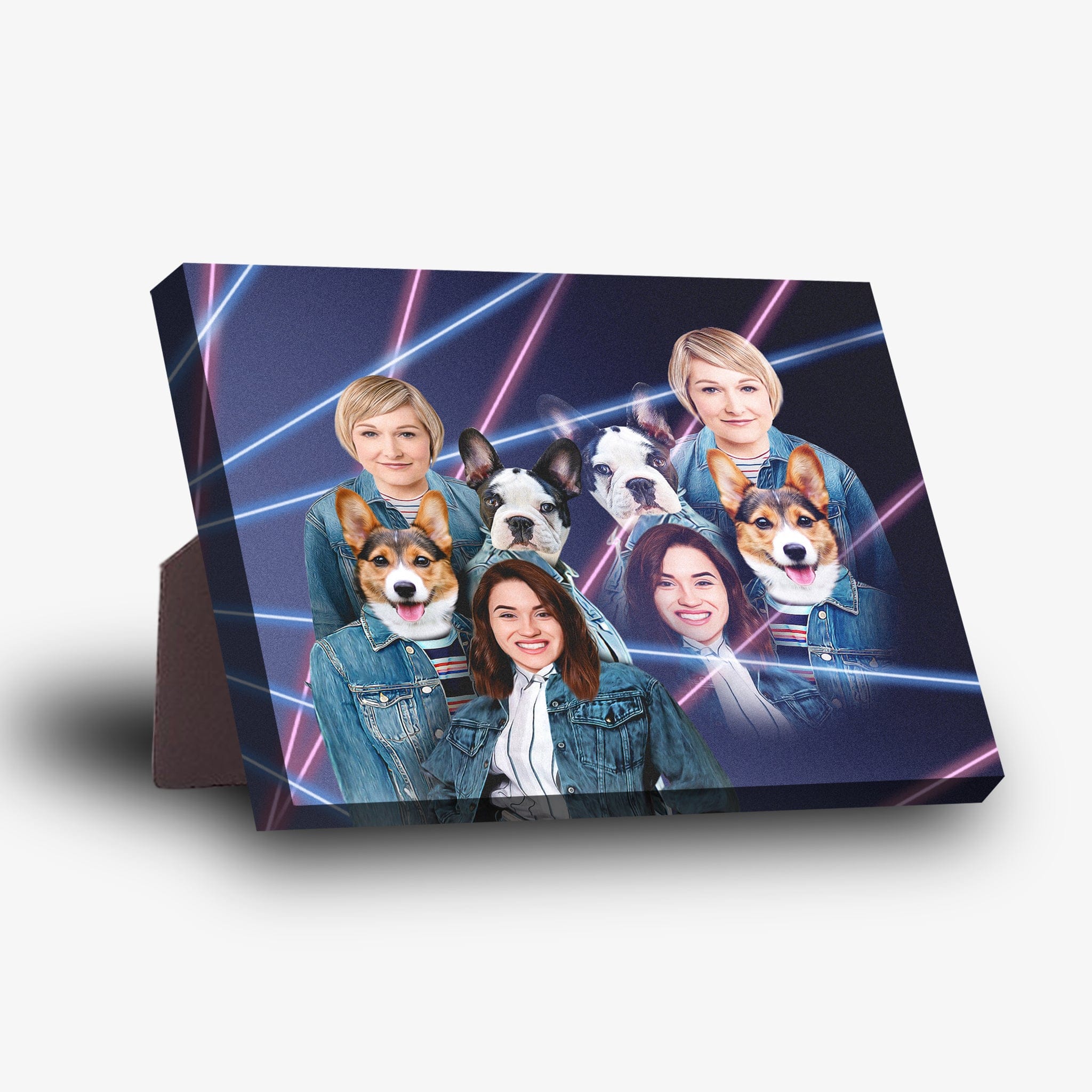 1980s Lazer Portrait 2 Pet & Humans(Females) Personalized Standing Canvas with neon lines and multiple women and dogs.