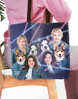 Personalized tote bag with 1980s Lazer Portrait of two females, two corgis, and two French bulldogs.