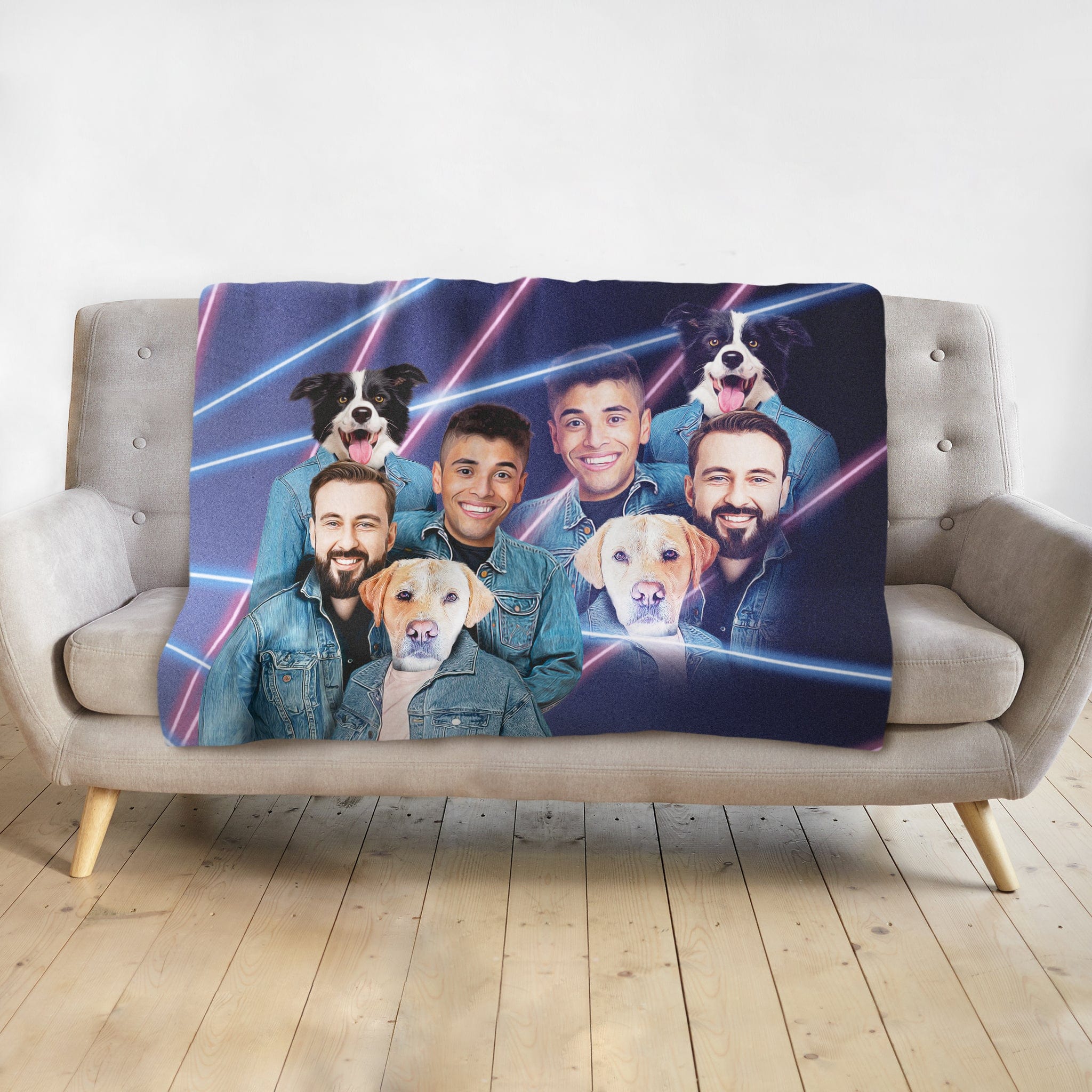 Personalized 1980s Lazer Portrait blanket with 3 men and 2 dogs in denim jackets.