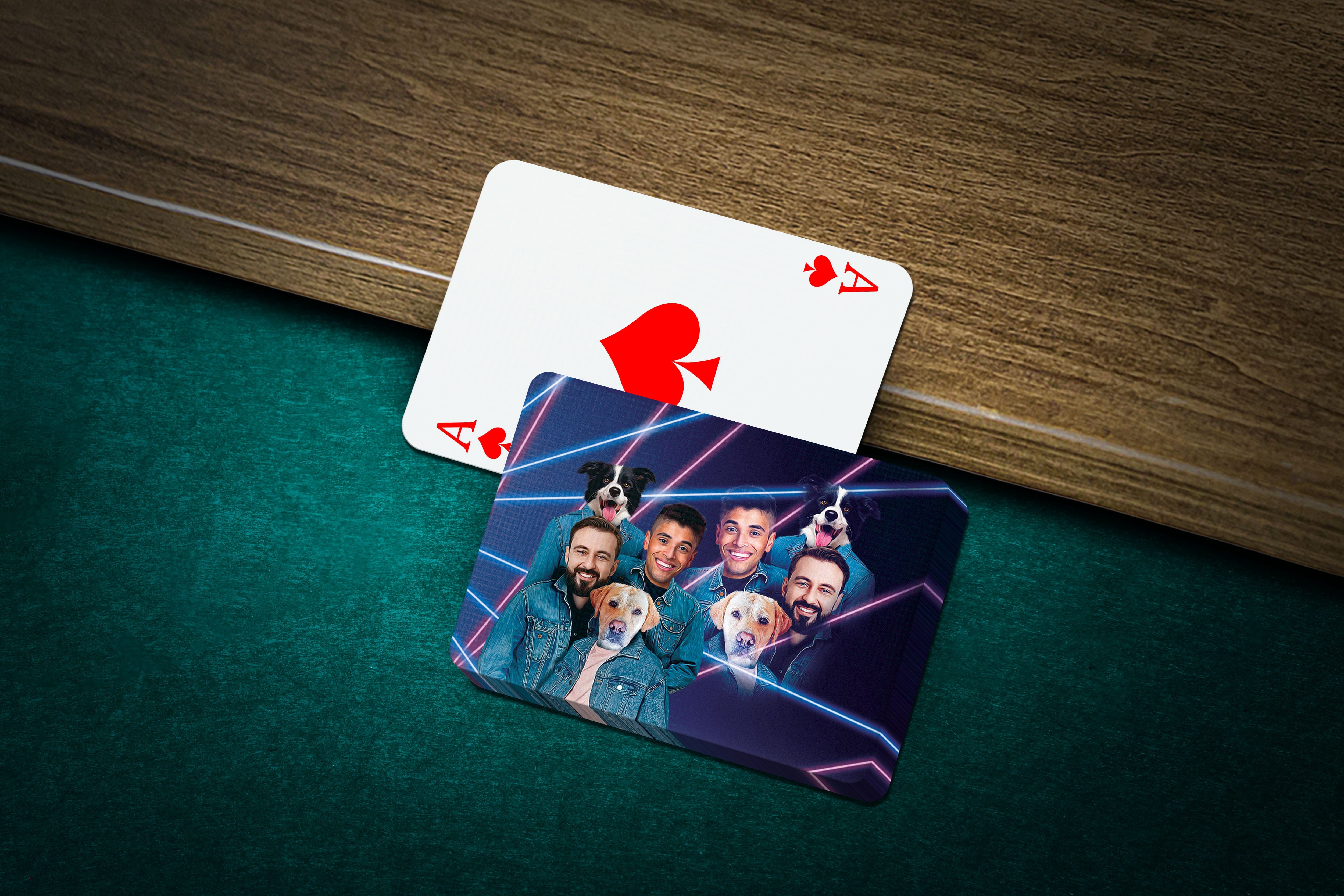 Personalized '1980s Lazer Portrait' playing cards featuring custom pet and male human portraits.