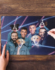 Personalized 1980s Lazer Portrait puzzle with two males and two dogs in denim jackets.
