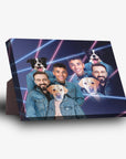 1980s Lazer Portrait 2 Pet & Humans(Males) Personalized Standing Canvas with neon pink and blue lines.