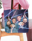 Personalized 1980s Lazer Portrait 2 Pet & Humans(Males) tote bag with dogs and men.