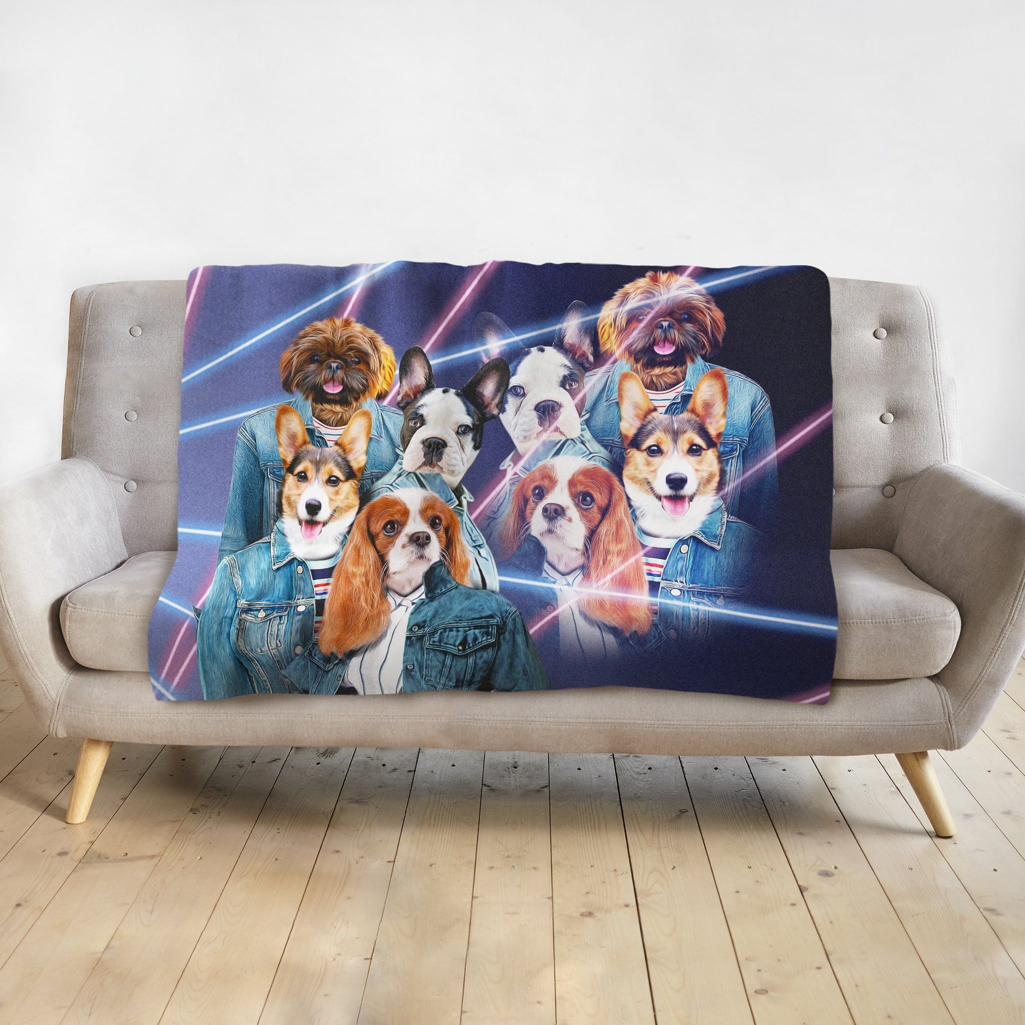 Custom personalized pet blanket with 6 dogs in 80s lazer portrait style, wearing denim jackets.