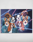 Personalized 1980s Lazer Portrait poster featuring four pets with human bodies in denim jackets.