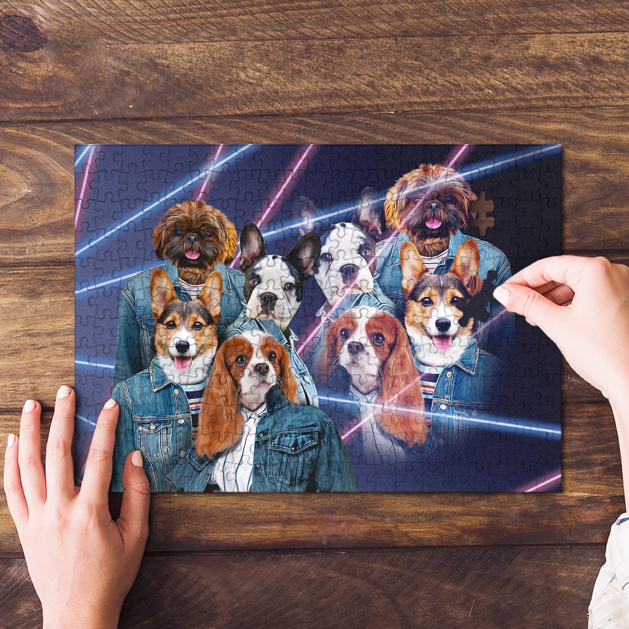 Personalized 4-pet puzzle in 1980s Lazer Portrait style with dogs in denim jackets.