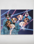 Personalized '80s Lazer Portrait poster featuring eight pets in denim jackets with neon pink and blue lines.