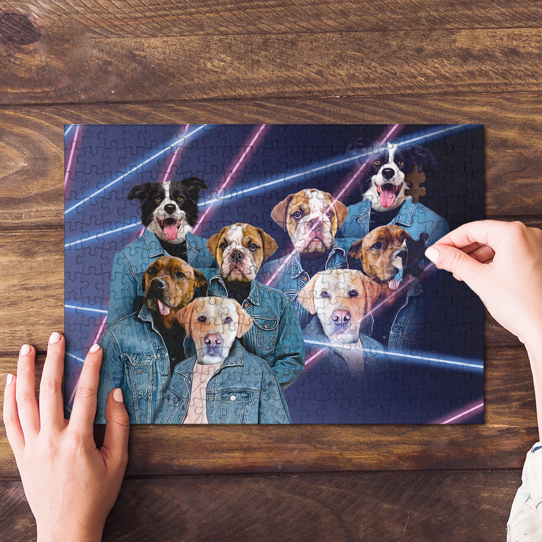 Personalized 4 pet puzzle, 1980s Lazer Portrait style, featuring dogs in denim jackets.