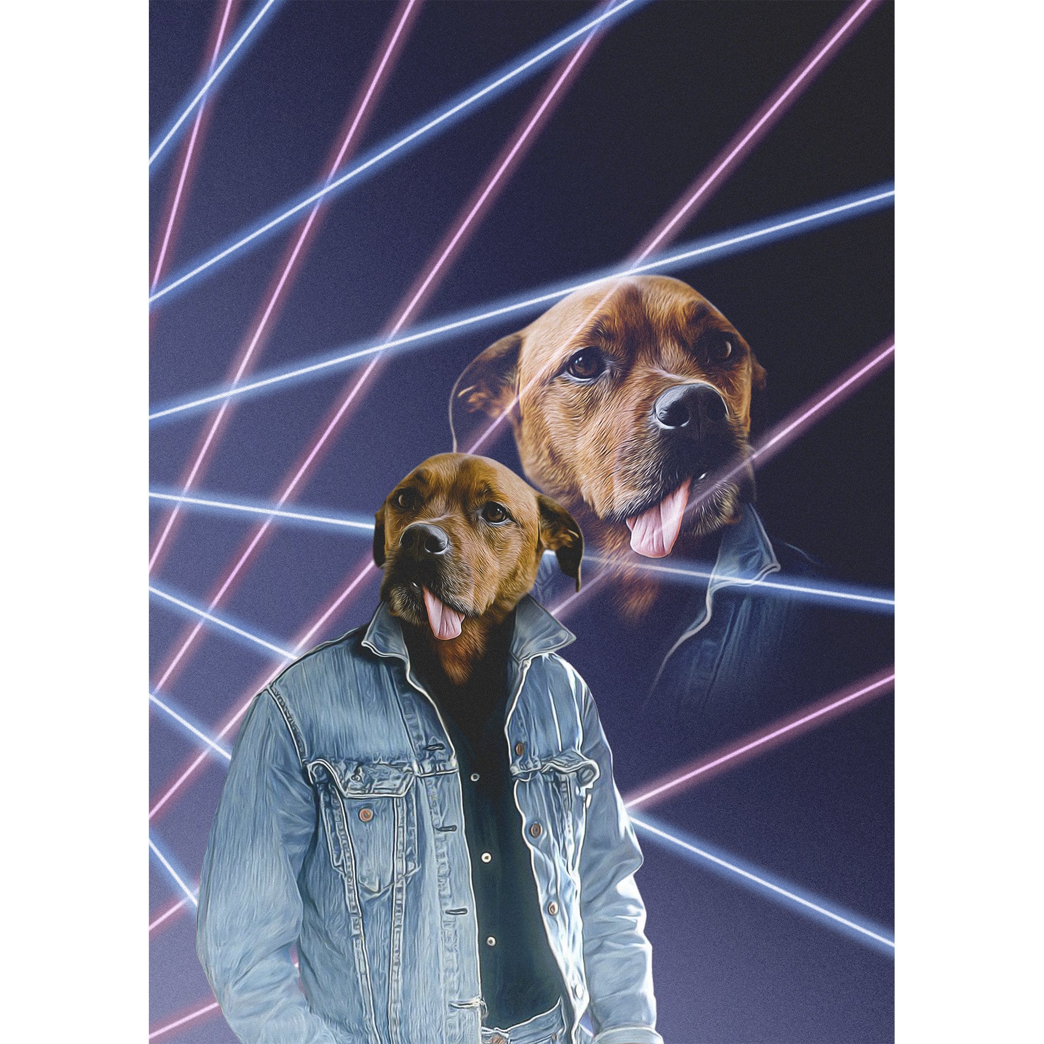 Personalized 1980s Lazer Portrait digital art of a dog in a denim jacket with neon lines.