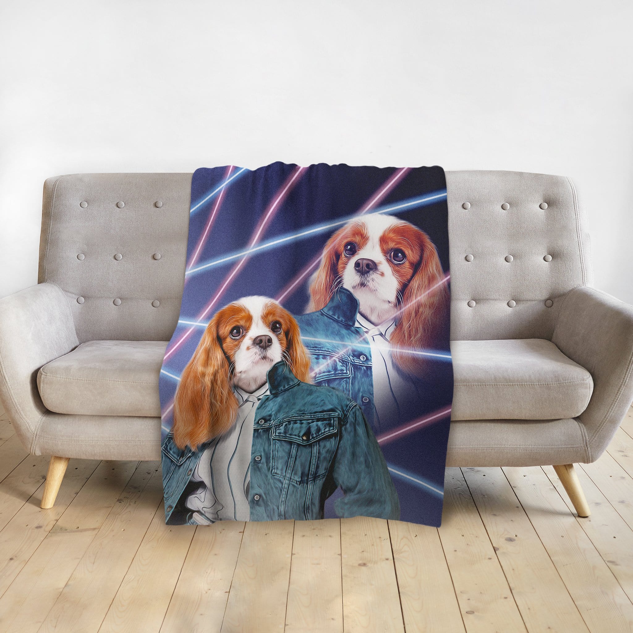 Personalized pet blanket with a Cavalier King Charles Spaniel in a 1980s Lazer Portrait style.