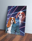 Personalized pet canvas featuring a Cavalier King Charles Spaniel in a 1980s lazer portrait style.