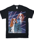 Black Gildan t-shirt with a personalized 1980s lazer portrait of two Cavalier King Charles Spaniels in denim jackets.