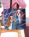 Personalized '80s Lazer Portrait' tote bag with two Cavalier King Charles Spaniel pets in denim jackets.