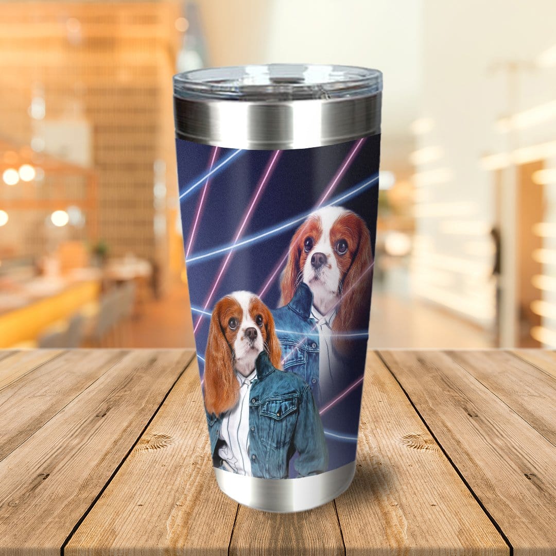Personalized stainless steel tumbler with a 1980s lazer portrait of two Cavalier King Charles Spaniel dogs.