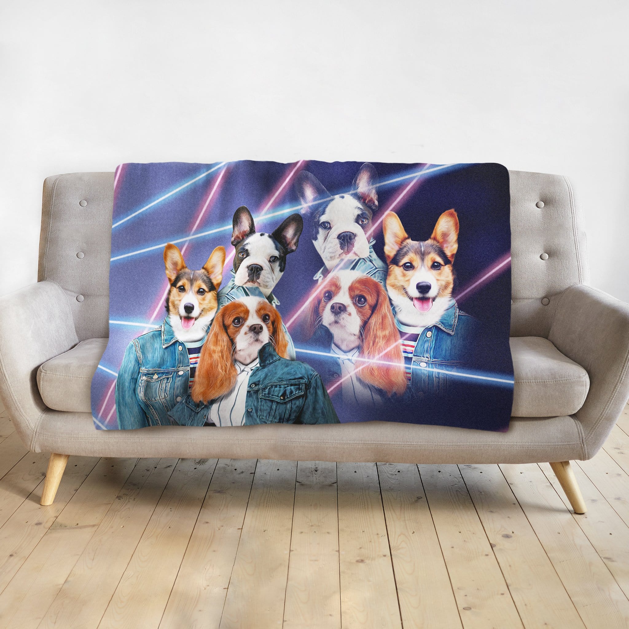 Personalized pet blanket with five dogs in 80s lazer portrait style, wearing denim jackets.
