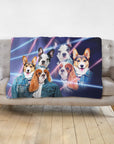 Personalized pet blanket with five dogs in 80s lazer portrait style, wearing denim jackets.
