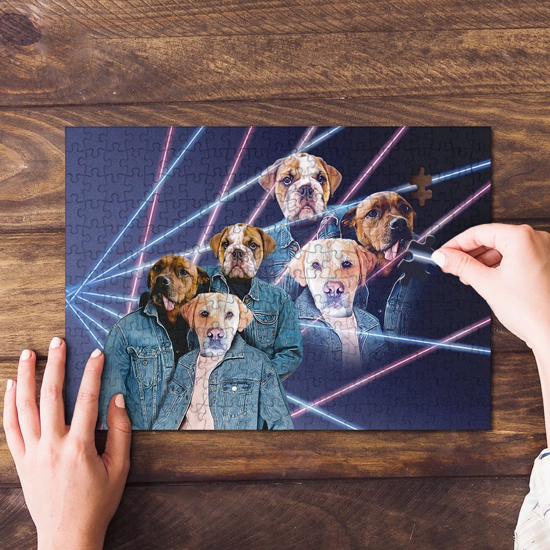 Personalized 1980s Lazer Portrait puzzle featuring six dogs in denim jackets, with hands assembling it.