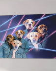 Six dogs in denim jackets on a dark canvas with pink and blue neon laser lines.