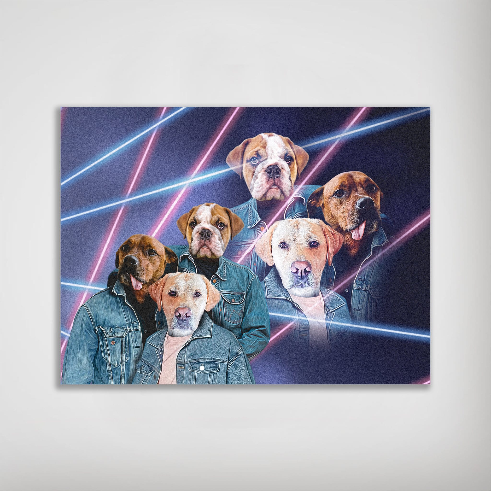 Custom 3-pet poster featuring dogs in 80s denim jackets with pink and blue laser lines on a dark background.