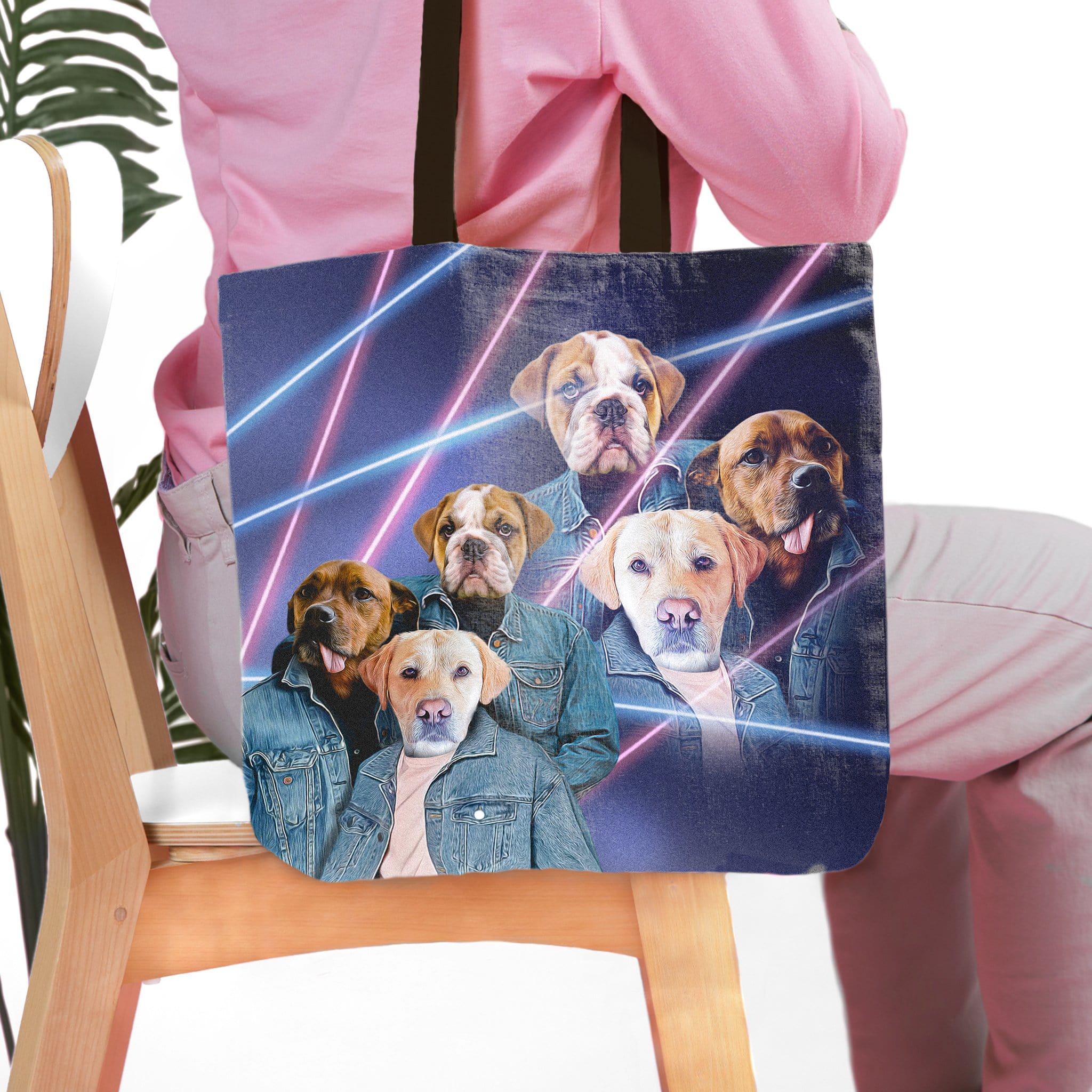 Personalized tote bag with '1980's Lazer Portrait (Males)' style featuring six custom pet dog portraits.