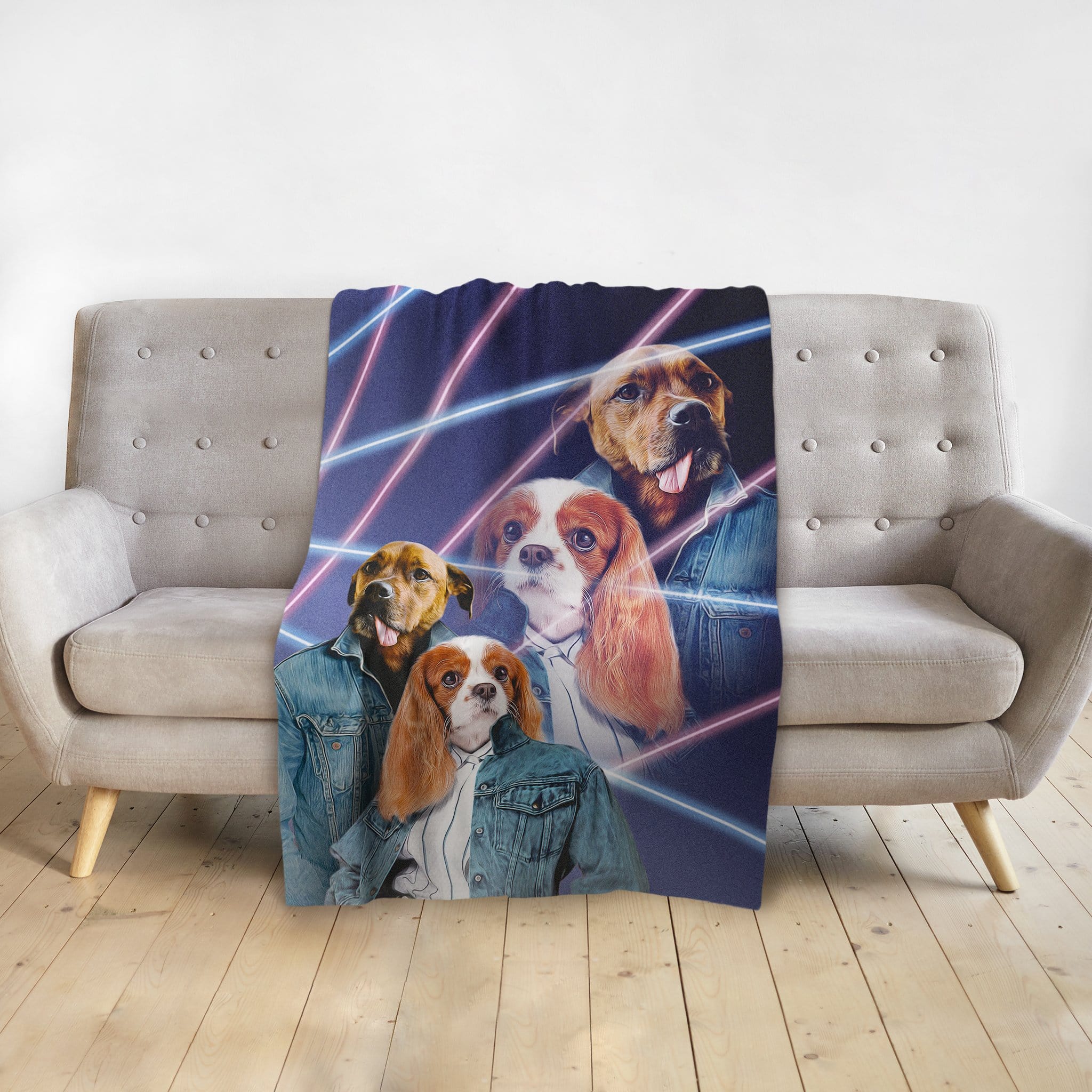 Personalized 1980s Lazer Portrait 2-pet blanket featuring dogs in denim jackets.