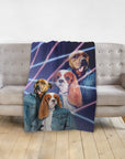 Personalized 1980s Lazer Portrait 2-pet blanket featuring dogs in denim jackets.