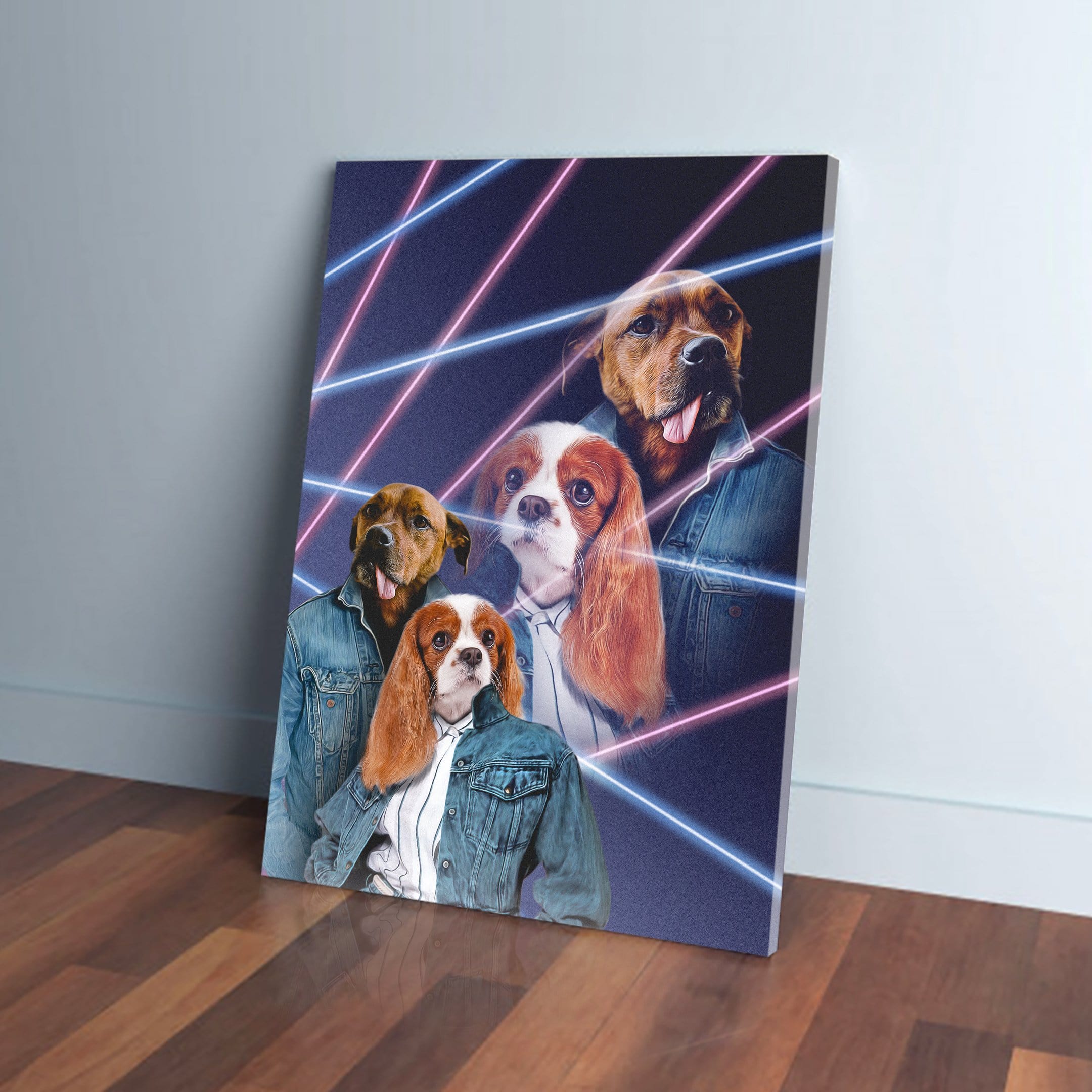 Personalized 2-pet canvas in 1980s Lazer Portrait style, featuring dogs in denim jackets.
