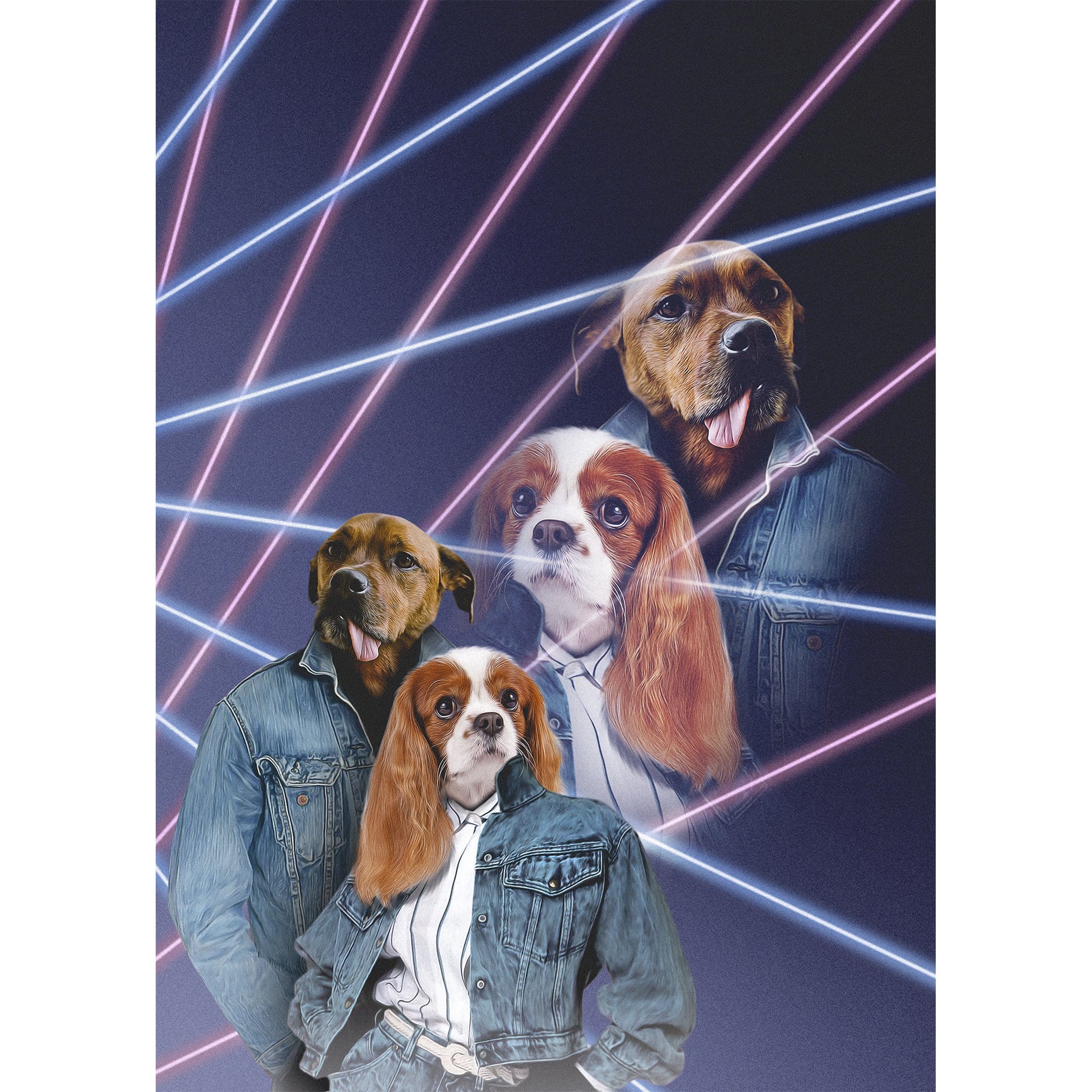 Personalized 2 pet digital portrait in 1980s lazer style with dogs in denim jackets.