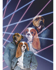 Personalized 2 pet digital portrait in 1980s lazer style with dogs in denim jackets.