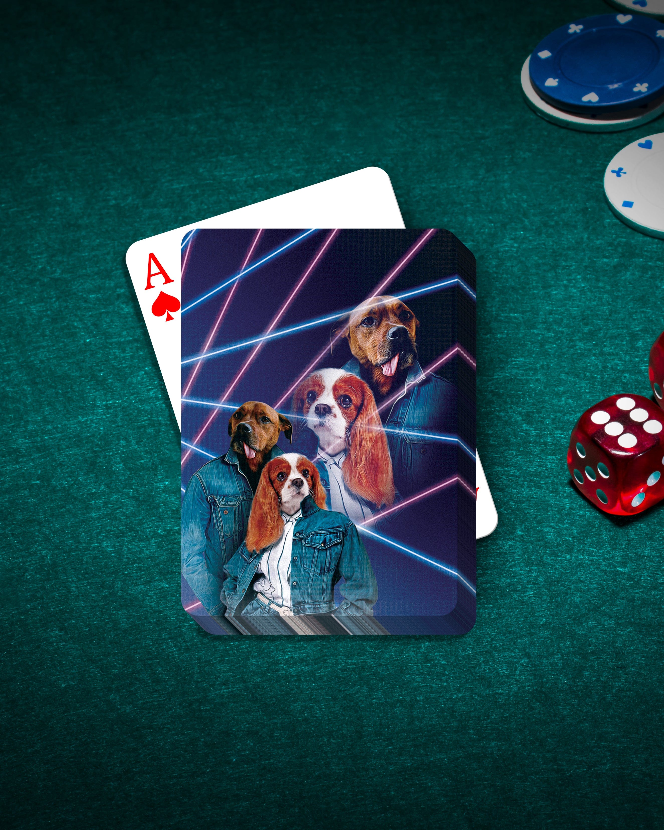 Personalized playing cards featuring two dogs in 1980s lazer portrait style on a green felt table.