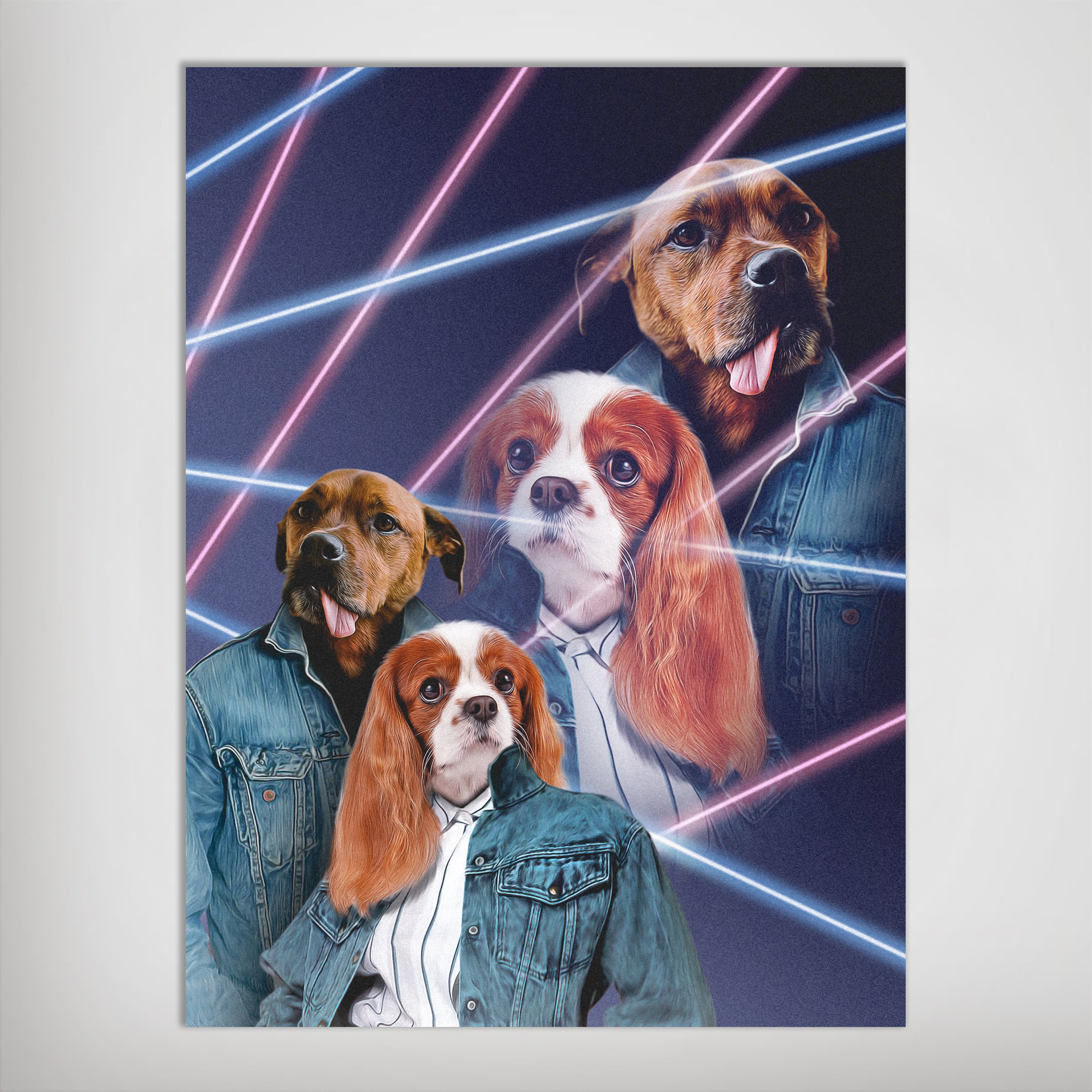 Personalized 1980s Lazer Portrait poster featuring four pets in denim jackets against a dark background with pink and blue neon lasers.