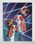 Personalized 1980s Lazer Portrait poster featuring four pets in denim jackets against a dark background with pink and blue neon lasers.