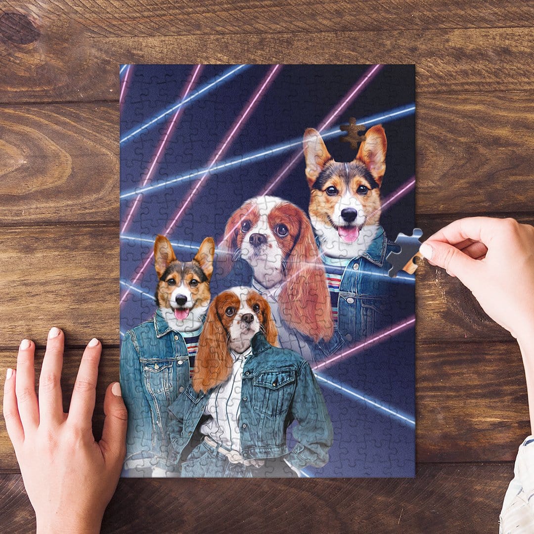 Personalized 2 pet puzzle with dogs in 80s lazer portrait style, on a wooden table.