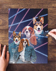 Personalized 2 pet puzzle with dogs in 80s lazer portrait style, on a wooden table.
